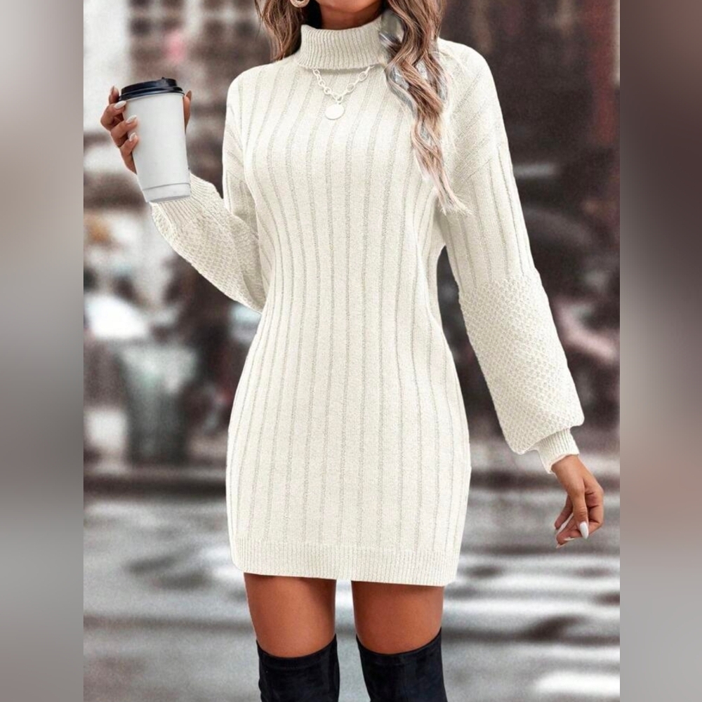 New Mixed Ribbed Knit Turtleneck Short Sweater Dress Long Sleeve Ivory Cream